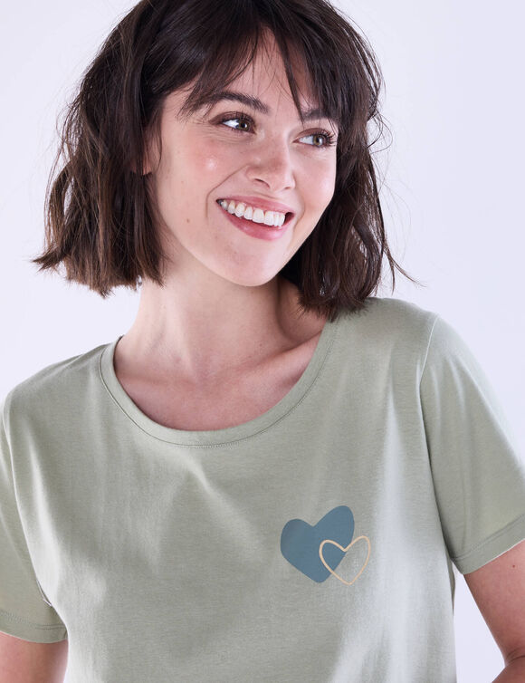 T-shirt manches courtes, imprimé placé coeurs dorés (vert tilleul)