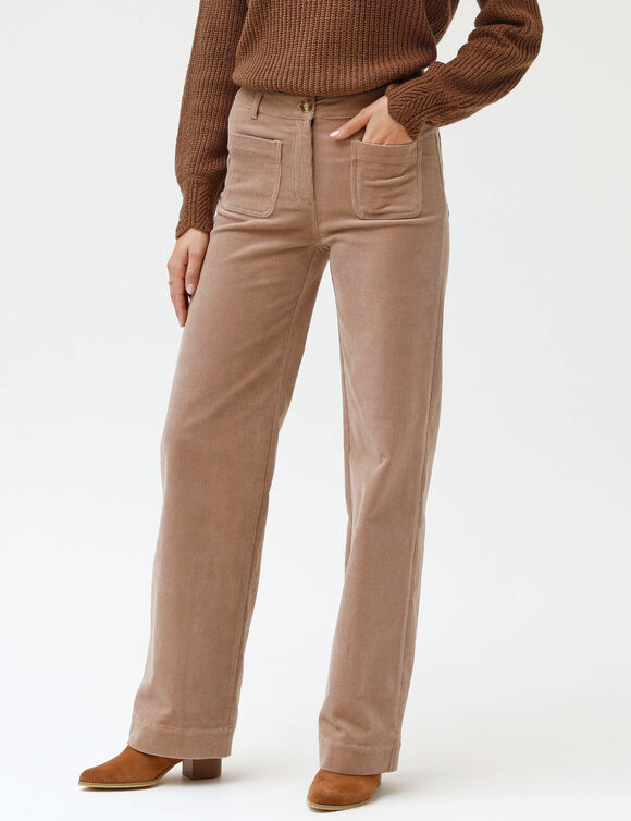 Pantalon coupe large taille haute, petite stature (beige)