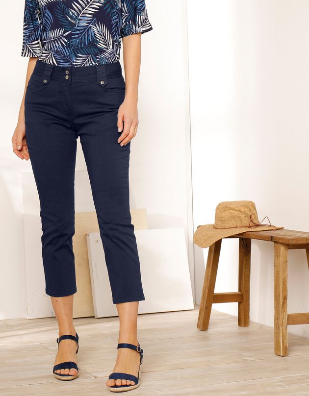 Pantacourt droit taille haute effet denim, marine Pantacourt droit taille haute effet denim, marine, hi-res