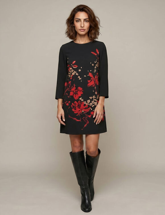 Robe col rond manches 7/8&egrave;me pagodes, cr&ecirc;pe imprim&eacute; fleurs (noir / rouge)