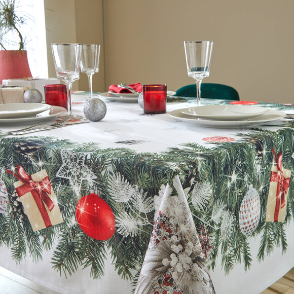 Vlekwerend tafellaken met kerstkransprint (groen / rood)