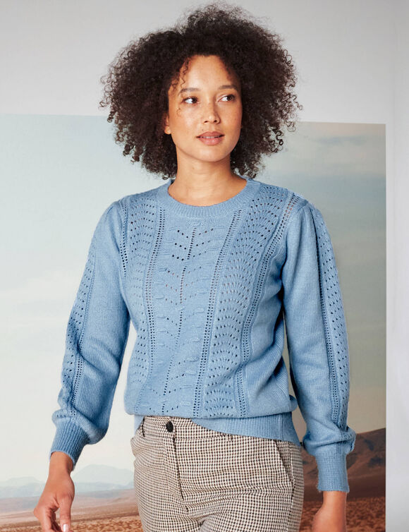 Pull col rond, maille fantaisie toucher doux (bleu gris&eacute;)