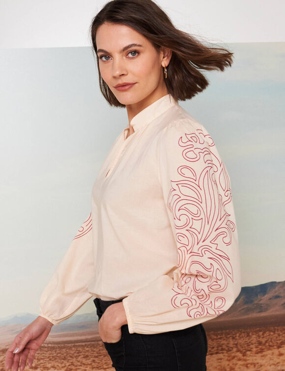 Blouse imprimée col montant, manches blousantes (beige / chocolat)