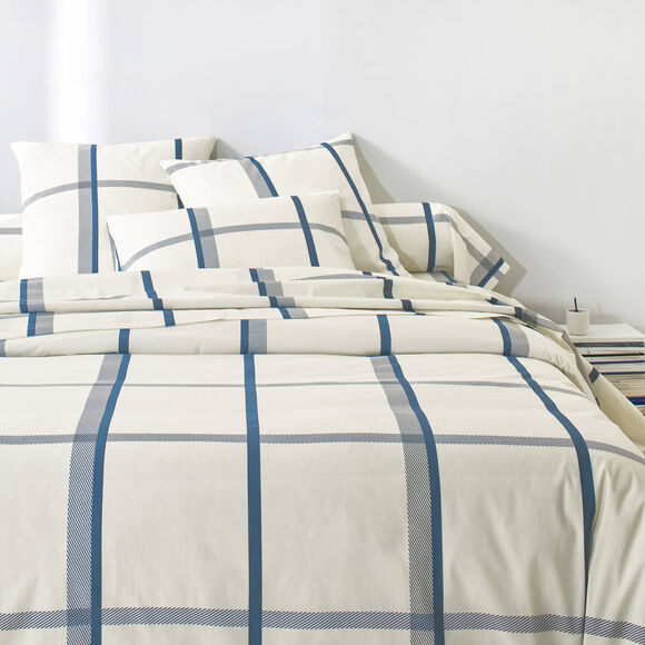 Linge de lit C&eacute;sar en coton imprim&eacute; carreaux (&eacute;cru / marine)