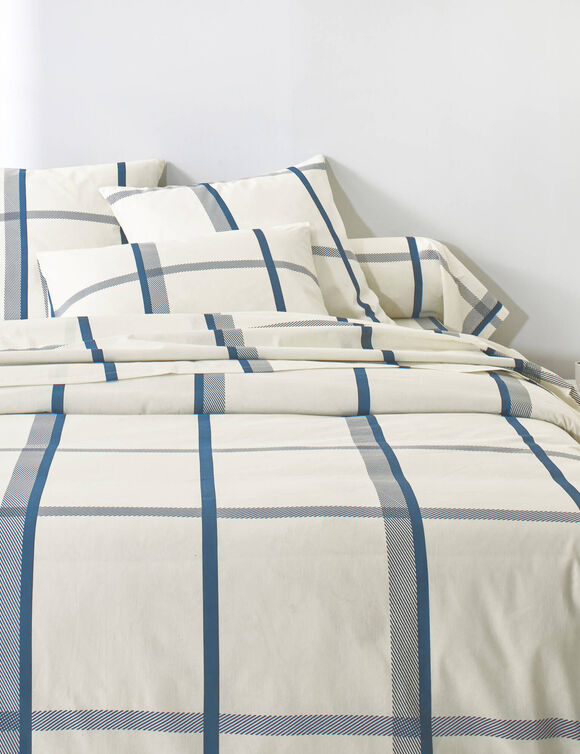 Linge de lit C&eacute;sar en coton imprim&eacute; carreaux (&eacute;cru / marine)