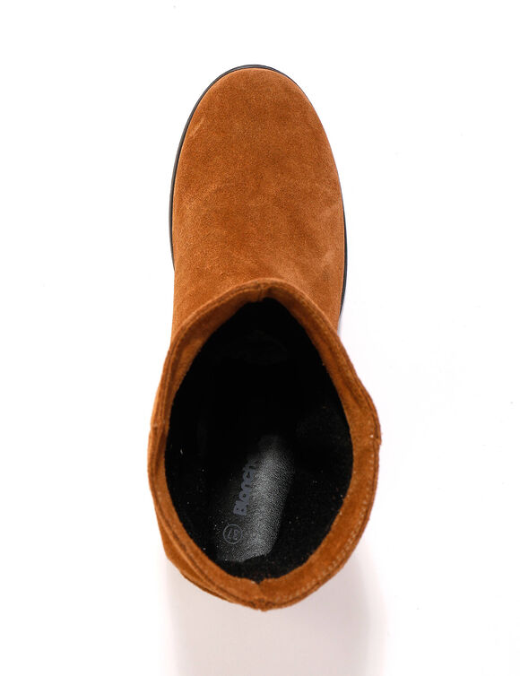 Bottes plissées mi-hautes en cuir velours, semelle compensée invisible (caramel)