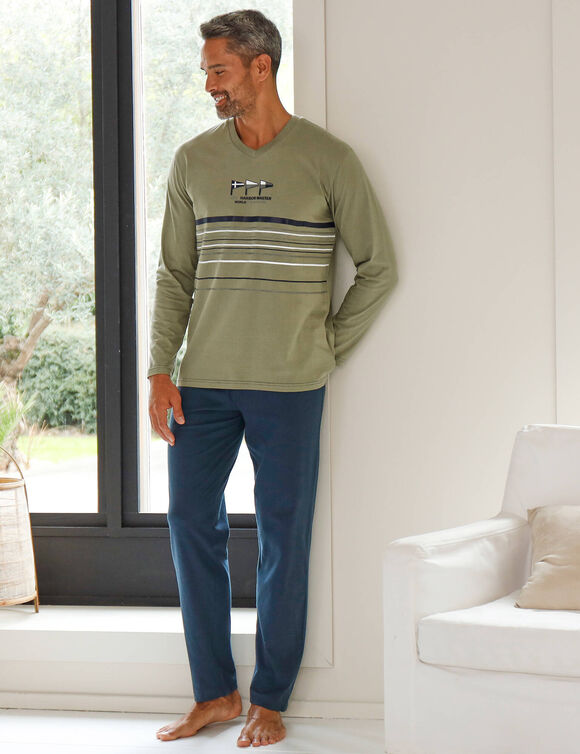 Pyjama met lange mouwen in zachtgemaakt katoen, V-hals (linde / marine)