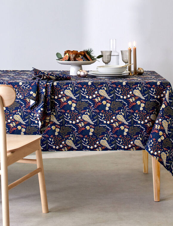 Katoenen tafellaken met plantenprint (marine)