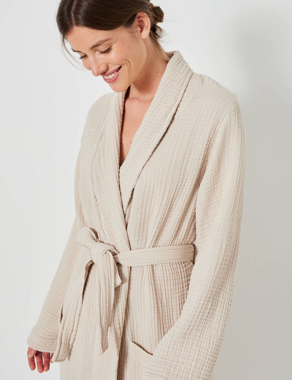 Peignoir de bain mixte col ch&acirc;le - triple gaze de coton  (sable)