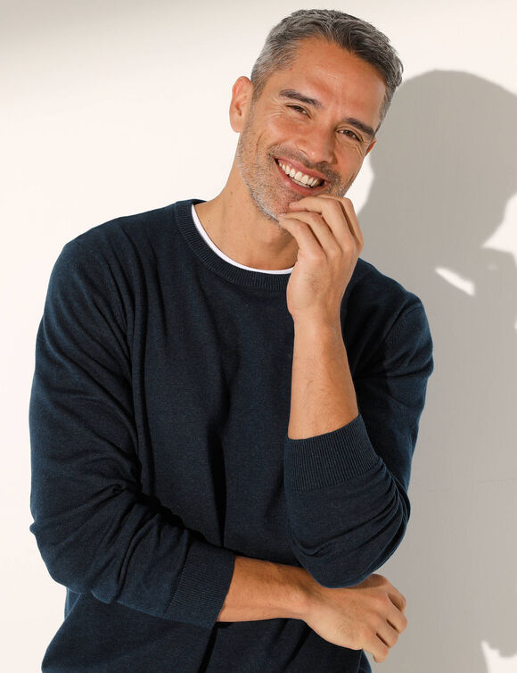 Trui in zuiver katoen, ronde hals en lange mouwen (chiné marine)