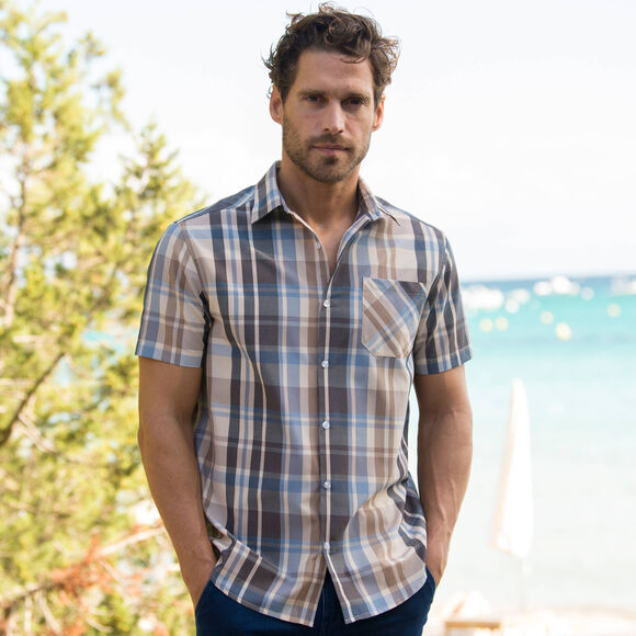 Geruit overhemd van polykatoen met korte mouwen (blauw / beige)