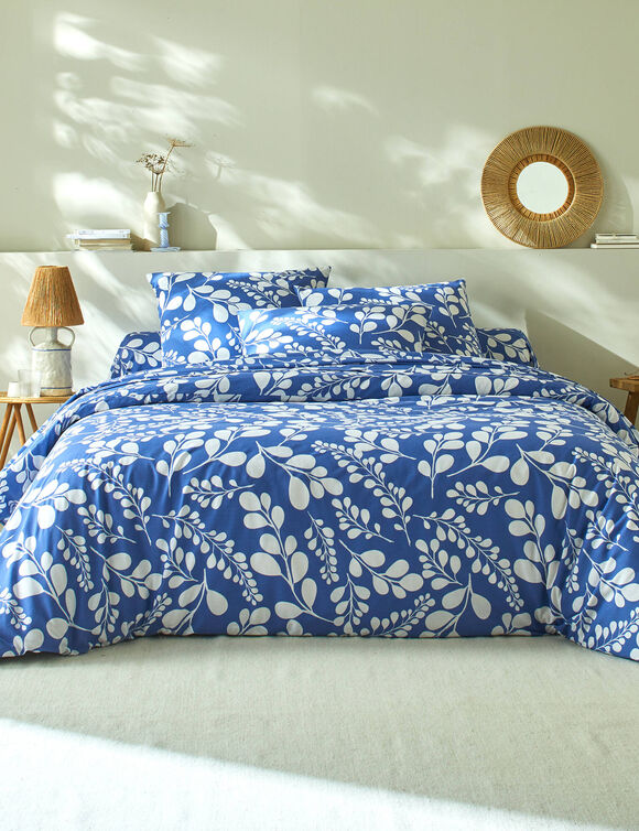 Tweekleurig bedlinnen Chloé met bladerenprint - in katoen (blauw)
