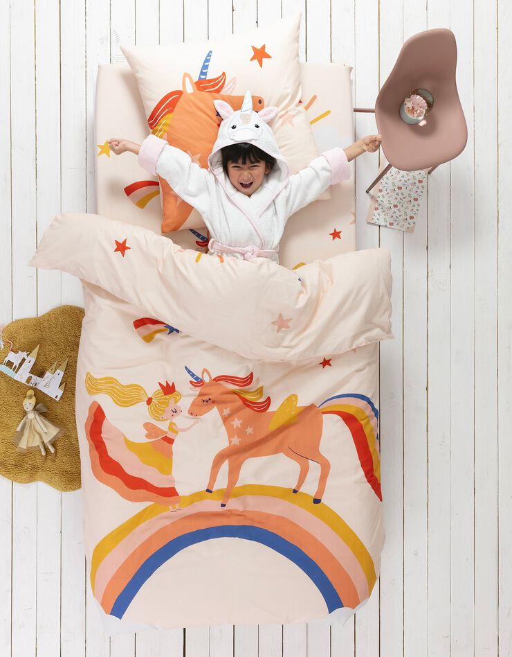 Linge de lit enfant coton - imprimé Princesse et Licorne (rose)