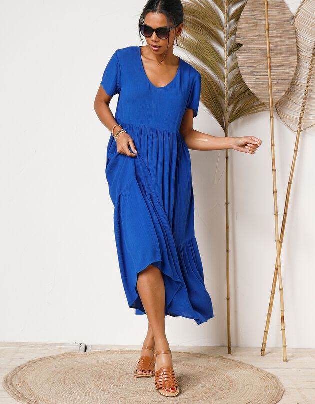 Robe col V longue unie, crépon (bleu dur)