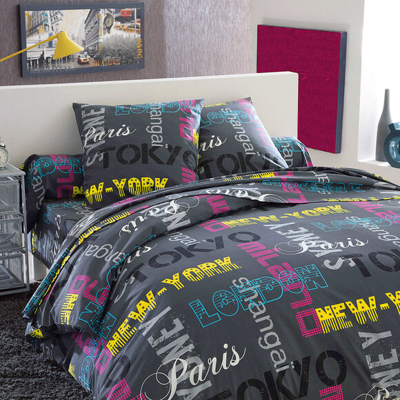 Couette coton imprimée Capitales 400 g/m² (noir)