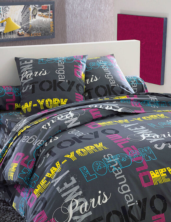 Couette coton imprimée Capitales 400 g/m² (noir)