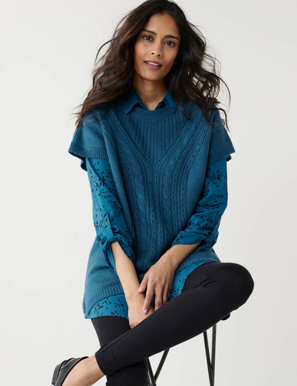 Pull-tunique sans manches, maille fantaisie (bleu canard)