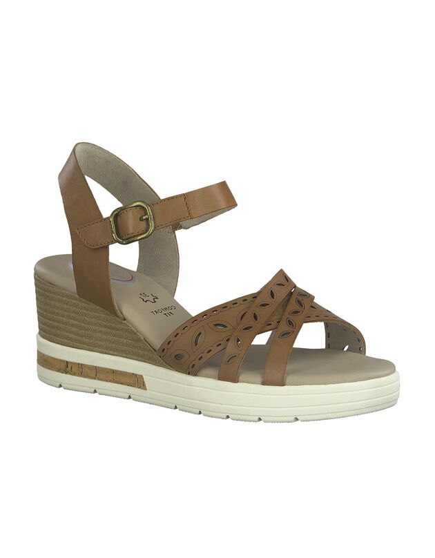 Leren sandalen met sleehak, riempjes met ajour (karamel)