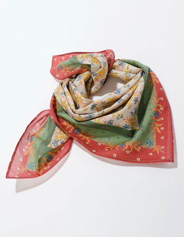 Foulard fabriqué en France imprimé fleurs, 100 x 100 cm  - coton (écru / vert amande)