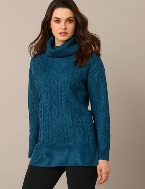 Pull tunique torsadé à col roulé (bleu paon)