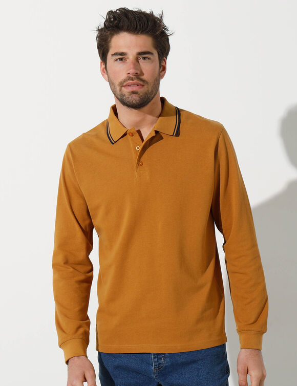 Polo uni maille piquée manches longues (miel)