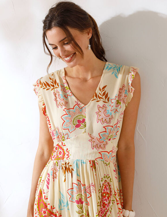 Robe longue imprimée, sans manches (vanille)