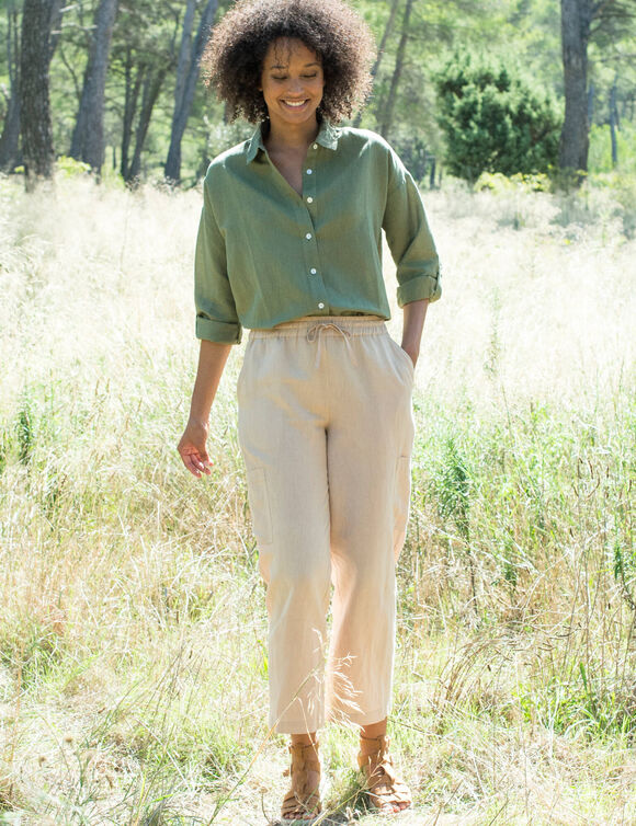 Chemise en coton-lin, manches longues retroussables  (kaki)