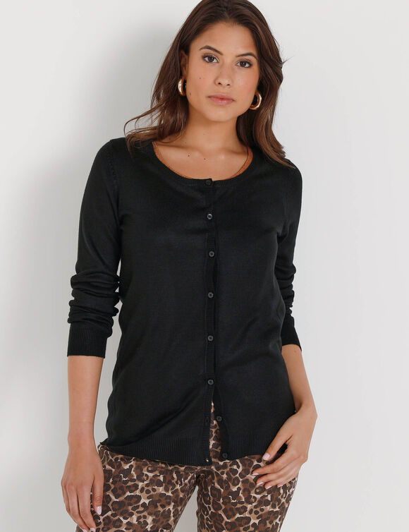 Cardigan boutonné col rond uni, toucher doux (noir)