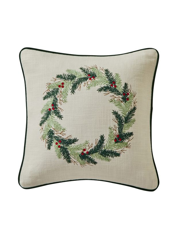 Kussen met "kerstkrans" print (wit / groen)