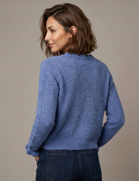 Gilet col V, d&eacute;tails volant&eacute;s (bleu)