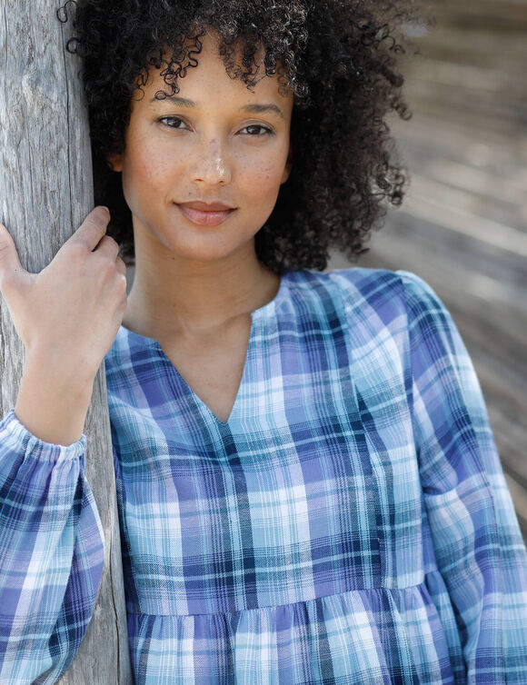 Blouse flanelle ample, carreaux tissés-teints (bleu / violet)