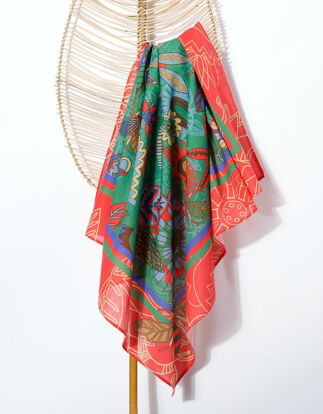 Foulard fabriqué en France imprimé fleuri, 100 x 100 cm  - coton  (rose / vert)