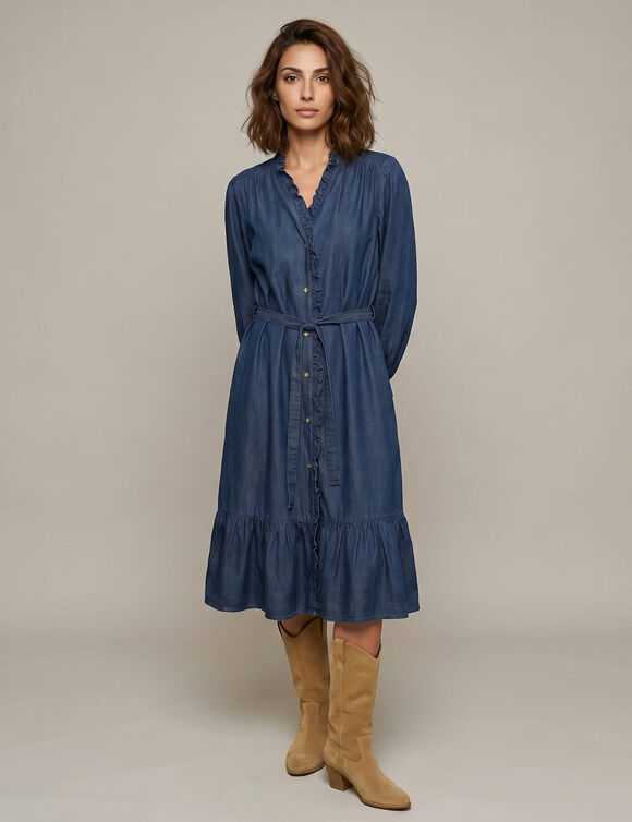 Robe courte boutonn&eacute;e, manches longues blousantes, jean (bleu)