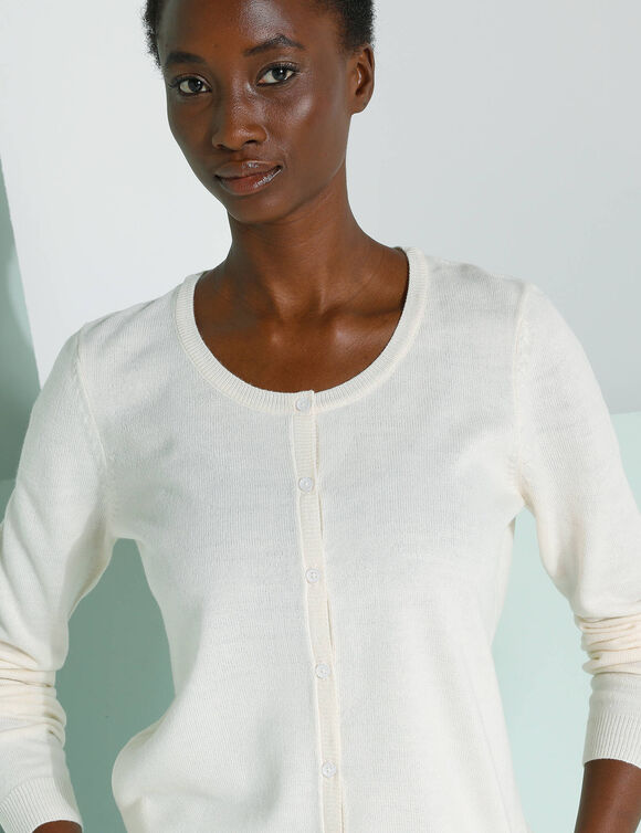 Cardigan boutonné col rond uni, toucher doux (écru)