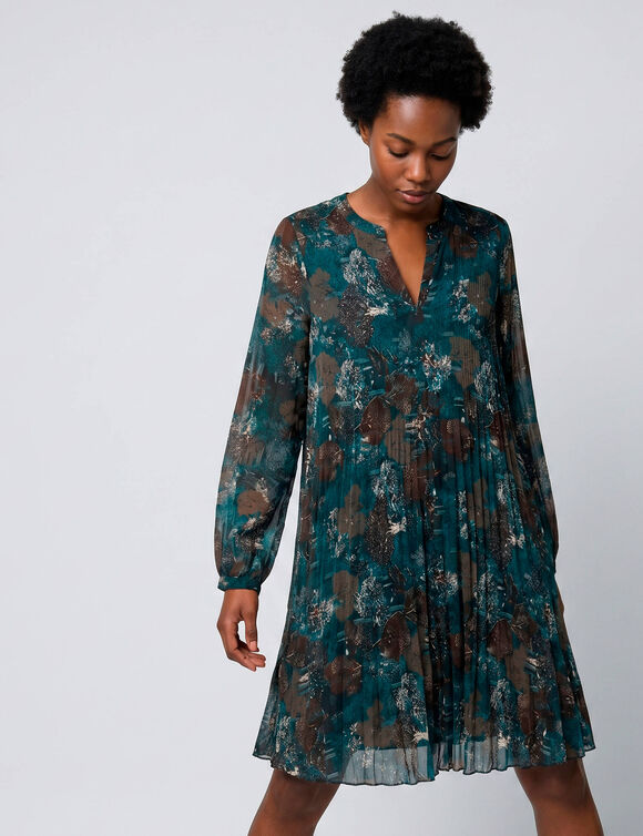 Robe courte pliss&eacute;e imprim&eacute;e (vert / chocolat)