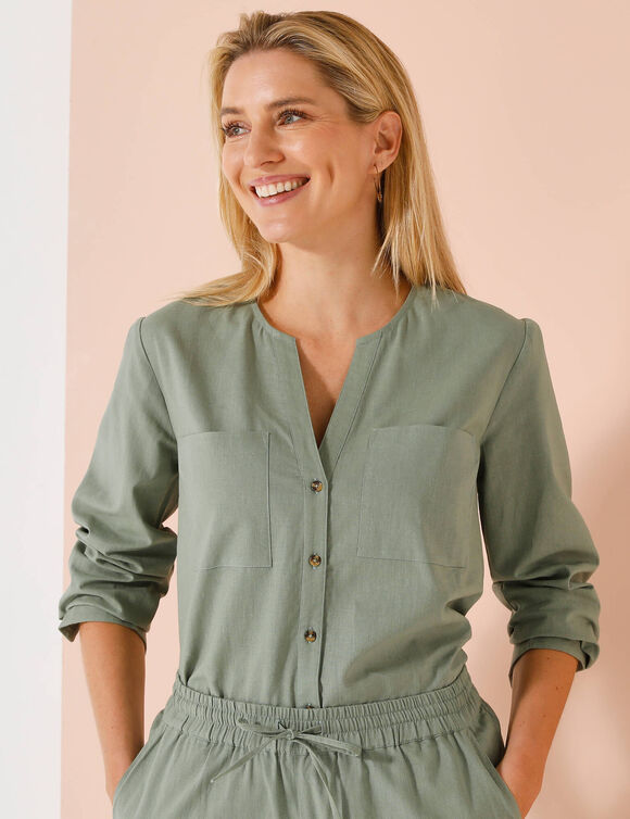 Chemise unie, mélange coton-lin (vert grisé)
