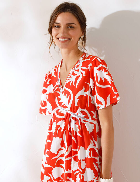 Robe longue imprimée coton, détails jour échelle (orange / écru)