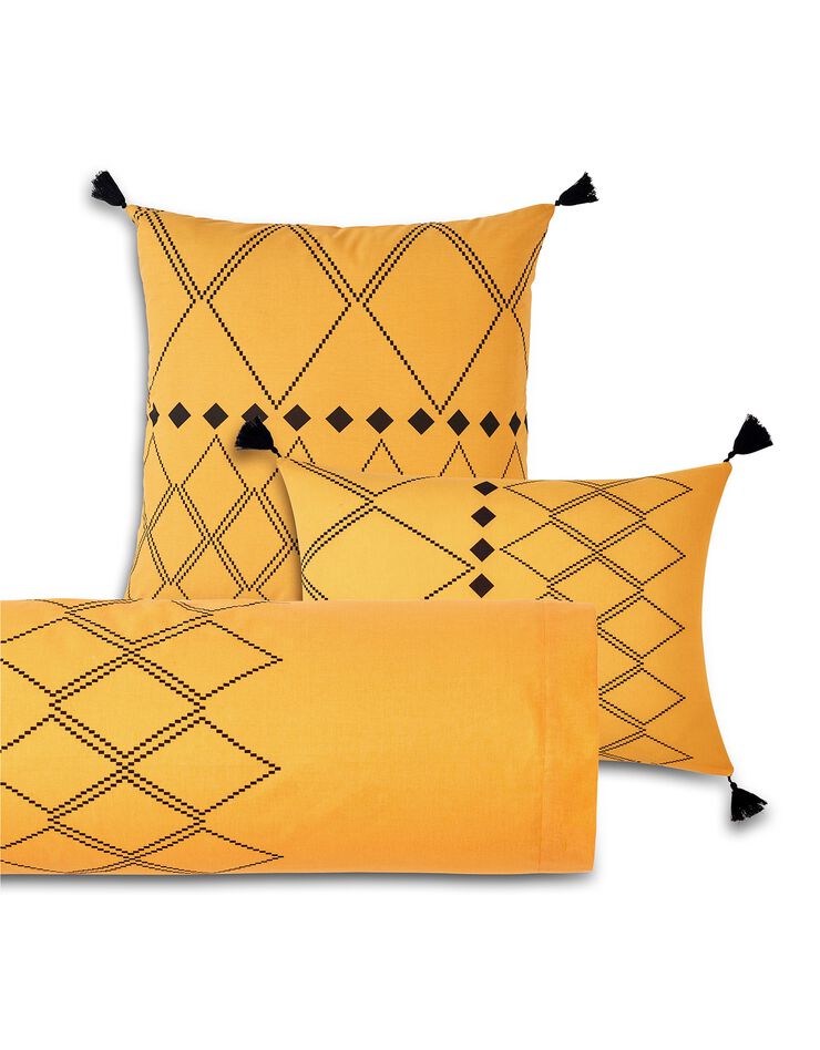 Linge de lit Massai coton à motifs graphiques et finitions pompons (curry)