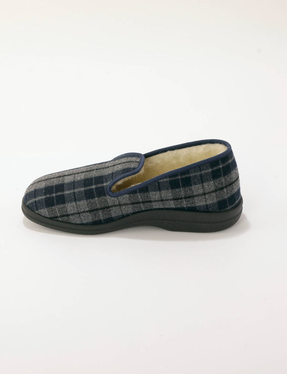 Herenpantoffels met geruit motief, gevoerd met wol (grijs / blauw)