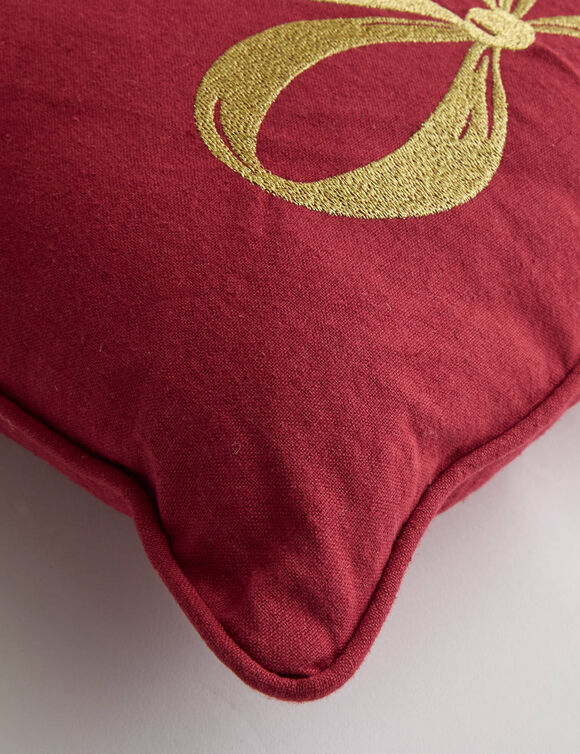 Coussin carr&eacute; brod&eacute; n&oelig;ud, en coton/lin (rouge)