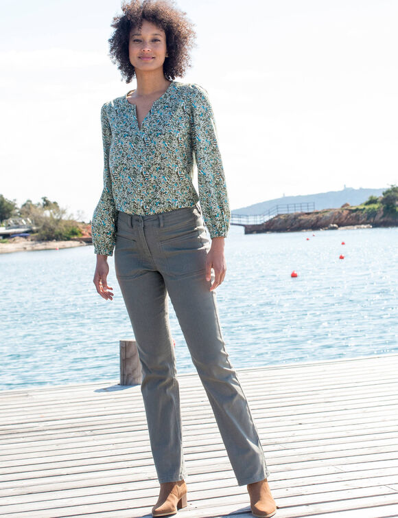 Blouse imprimée en coton ,col fendu (kaki / écru)