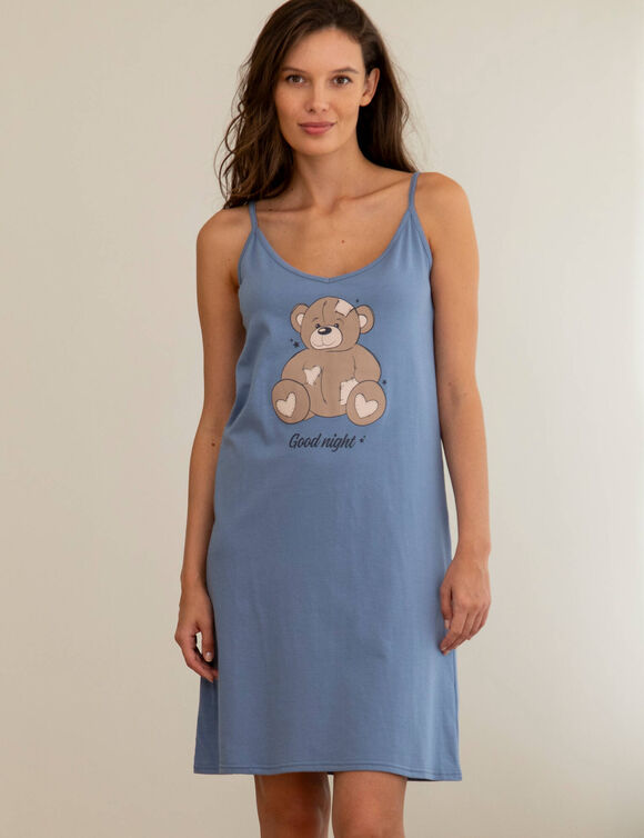 Nuisette courte motif plac&eacute; ourson   (bleu gris&eacute;)