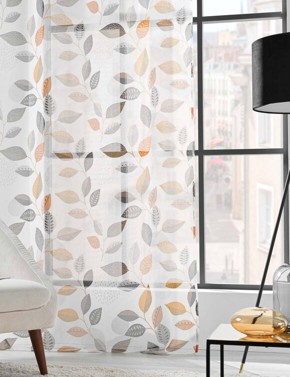 Voilage imprim&eacute; petites feuilles, finition &oelig;illets (gris / orange)