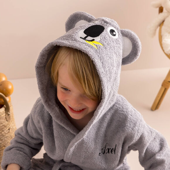 Badjas voor kinderen, personaliseerbaar, koala met kap (grijs)