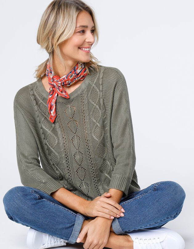 Pull torsadé manches 3/4, spécial petites (kaki)