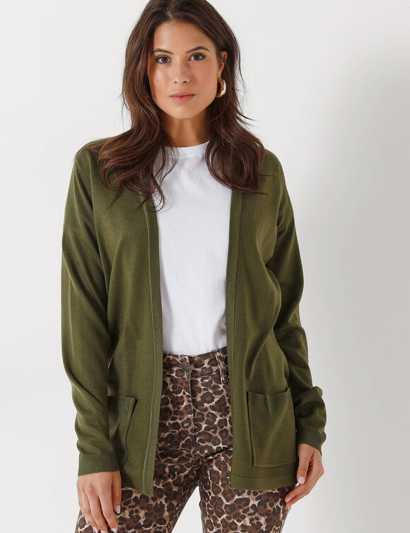 Gilet porter ouvert, maille toucher doux (kaki)