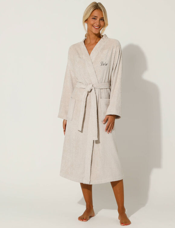 Effen badjas voor volwassenen met kimono-kraag, gepersonaliseerd &ndash; lusjesbadstof 380 g/m&sup2; (zandkleur)