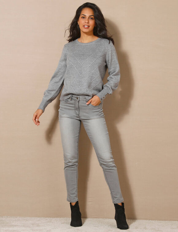 Pull maille fantaisie et d&eacute;tail boutons poignets, toucher doux  (gris chin&eacute;)