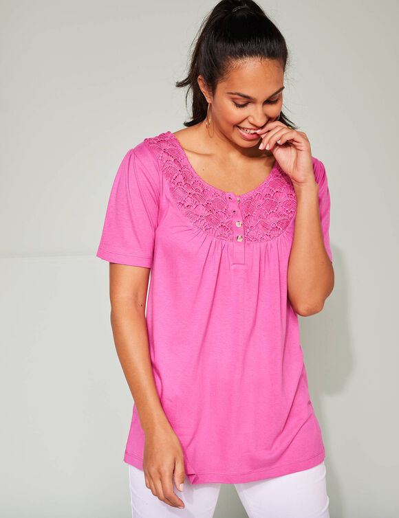 T-shirt macramé manches courtes (rose indien)
