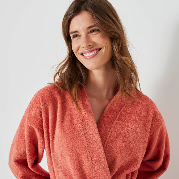 Peignoir court adulte col kimono éponge bouclette (tomette)